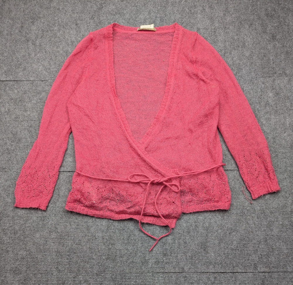 Vintage Mohair Cardigan Womens Large Pink Y2K Coquette Wrap Lace 90s Sweater